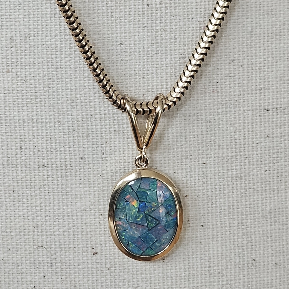 Vintage KF Large 14k Plumb Gold Red Blue Green Opal Pendant Omega